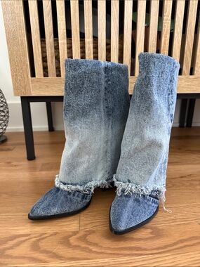 Steve Madden Denim Pointed-Toe Frayed Ankle Booties - Blue